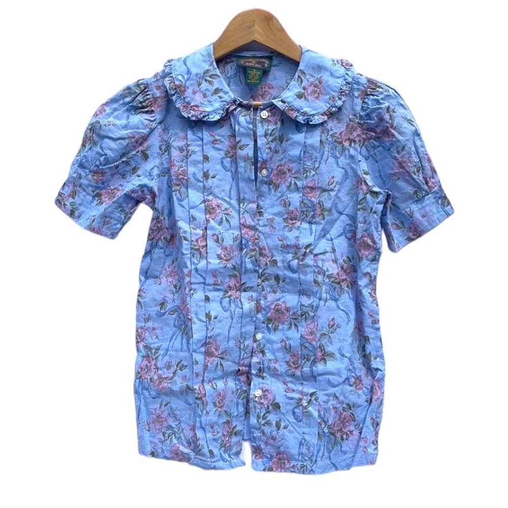 PETER Pan Collar Floral Short Sleeve Buttondown Blouse 100% Cotton Size 2
